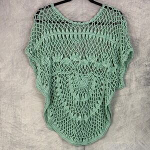 Womens Crochet Poncho Top sz XL aqua Green Beach coastal festival cover-up boho